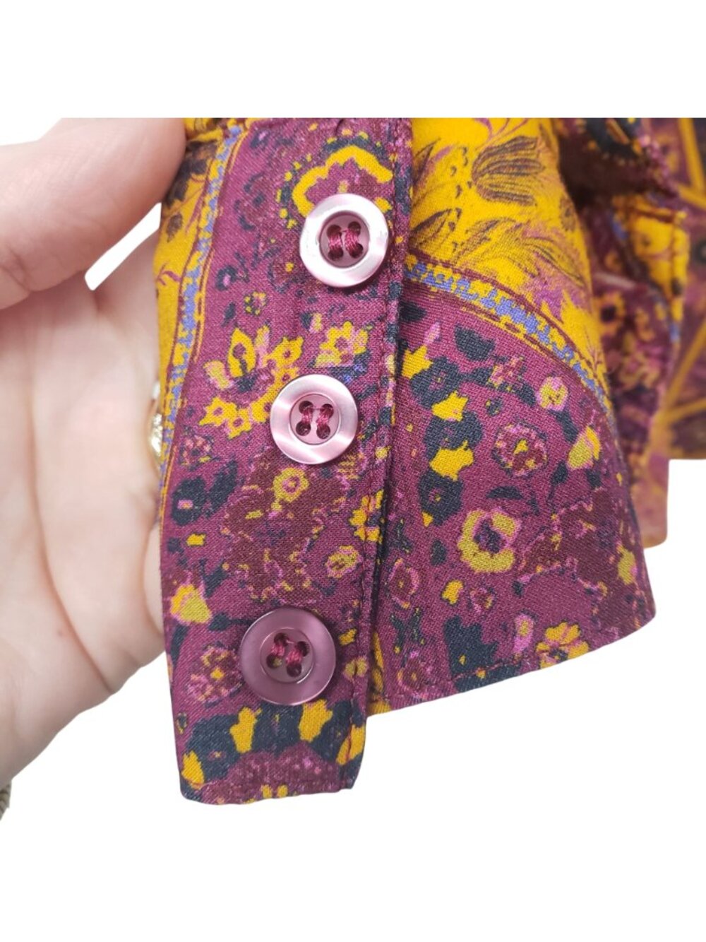 Oliveaceous Yellow Purple Long Sleeve Top Floral Paisley Cottage Core Boho Fall - Picture 10 of 11